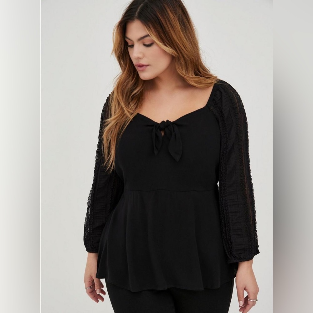 Torrid Tie Front Peplum Blouse - Gauze Black Size Large (Torrid 0)